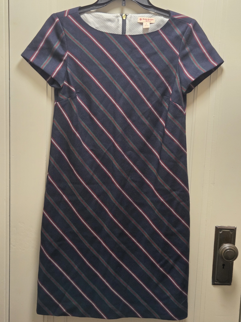 Women’s Brooks Brothers Red Fleece Dress Navy Red Green Stripe Wool Size 0 Short